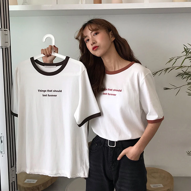 Летняя Корейская футболка с буквенным принтом Ulzzang, Женская Повседневная футболка с коротким рукавом, Женская свободная хлопковая Футболка с круглым вырезом, модные топы, футболка
