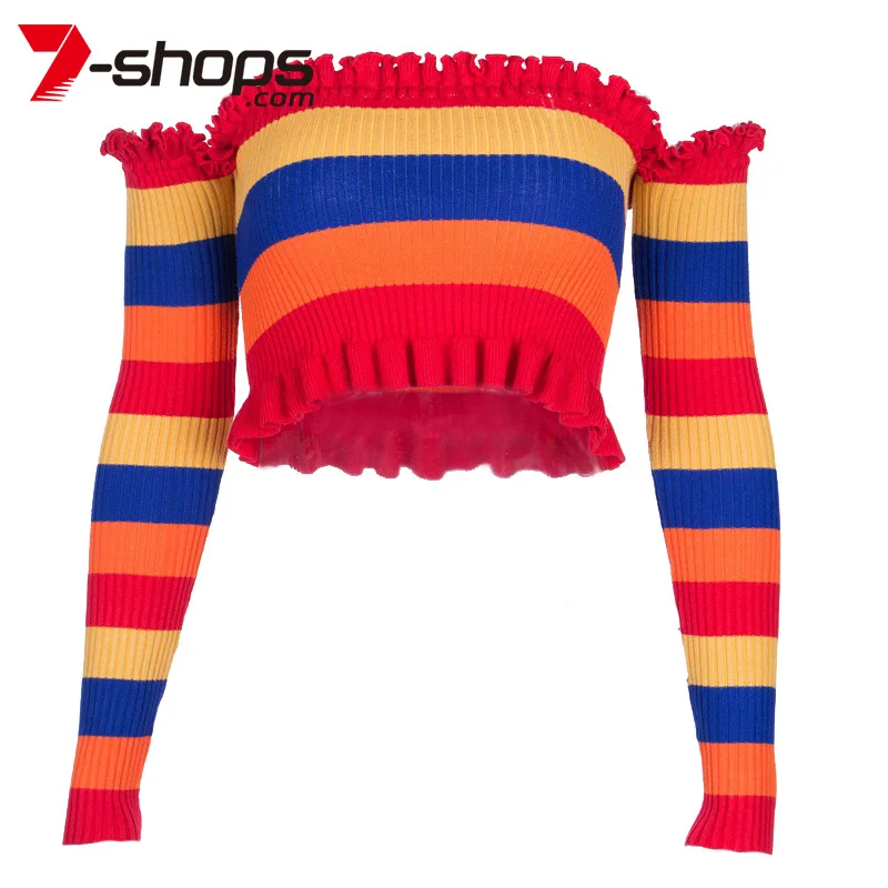 AECU Радужный женский свитер с открытыми плечами укороченный топ сексуальный