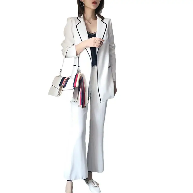

Fashion 2019 Two Pieces Set Women Pant Suit White Jacket Blazer With Wide Leg Trousers Office Lady Casual Work Wear Suits W113