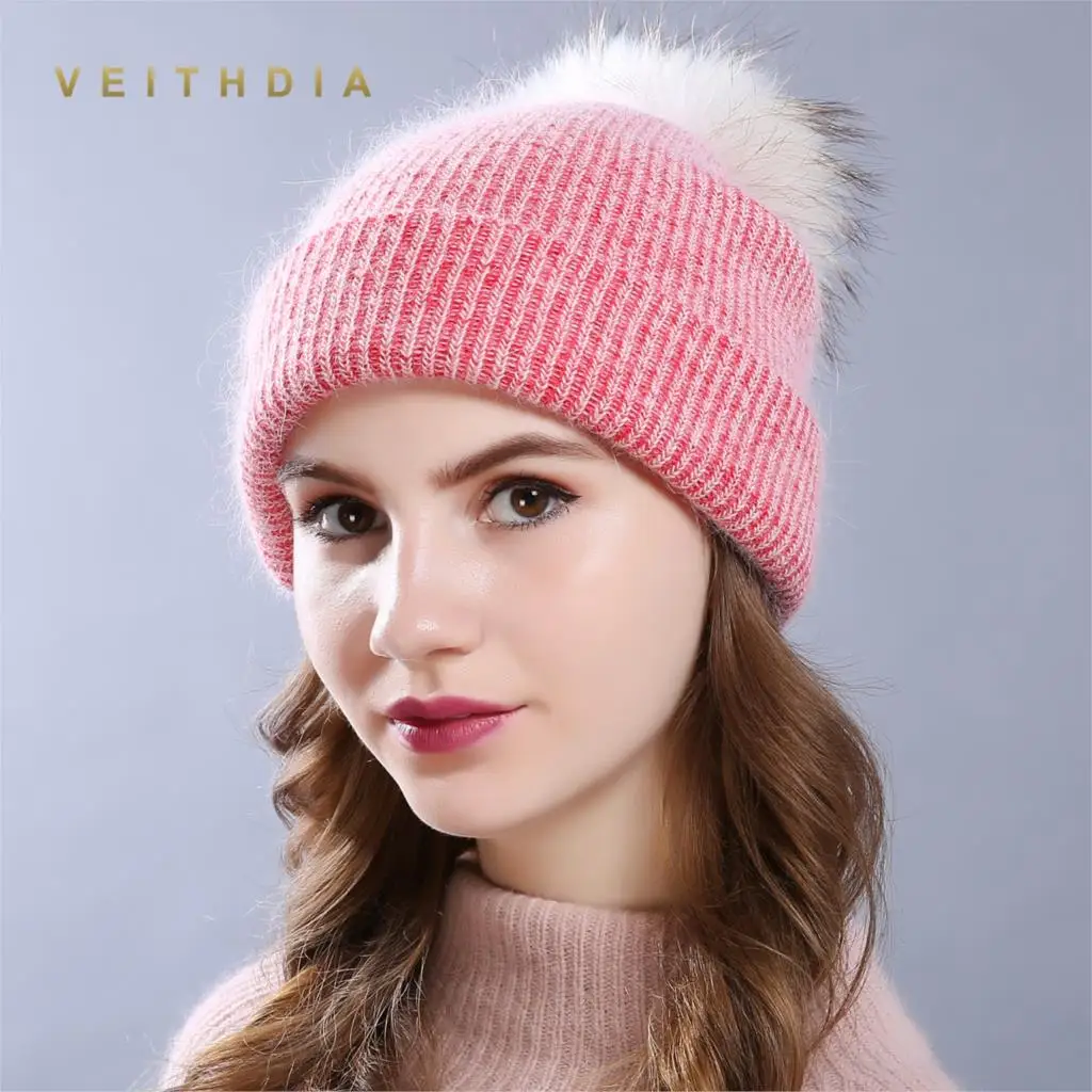 VEITHDIA 2019 двухслойная Шапка-бини из кроличьего меха женская зимняя вязаная