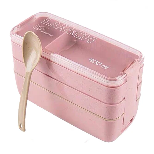 pink 900 мл портативный здоровый материал Ланч-бокс 3 слоя пшеничной соломы Bento коробки микроволновая посуда контейнер для хранения еды коробка для еды - Цвет: pink