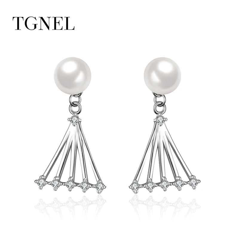 

TGNEL 925 Sterling Silver Drop Earrings Vintage Fine Jewelry for Women CZ Stone Pearl Triangle Long Earring for Engagement
