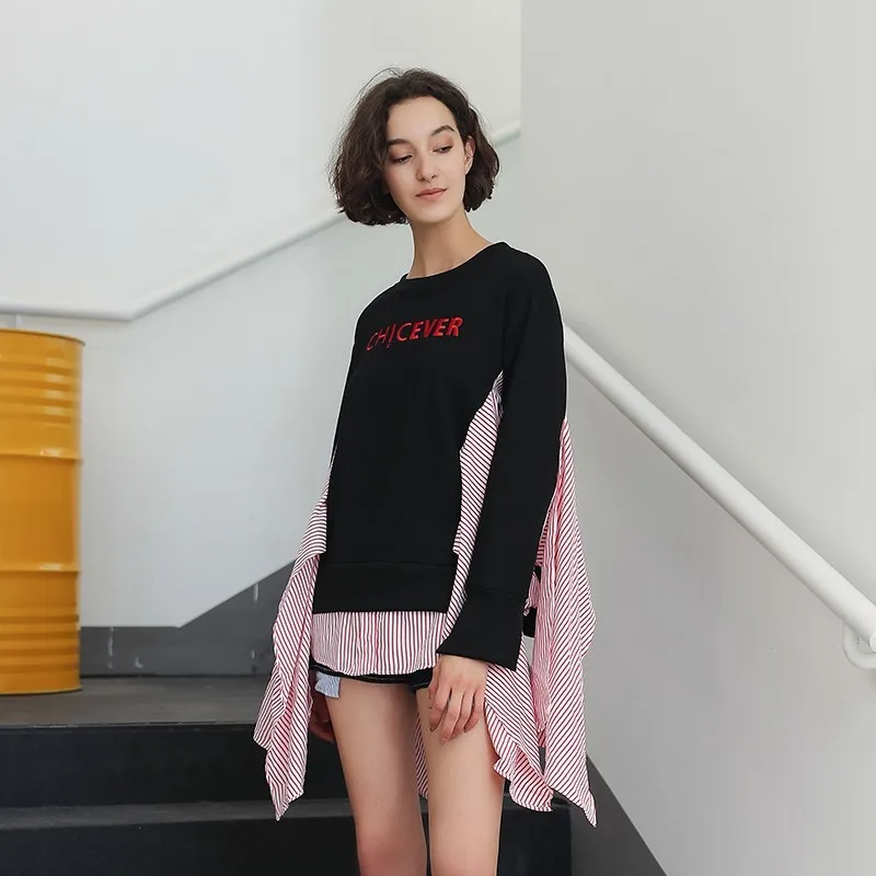 TWOTWINSTYLE Лоскутная полосатая Толстовка для женщин с круглым вырезом и длинным