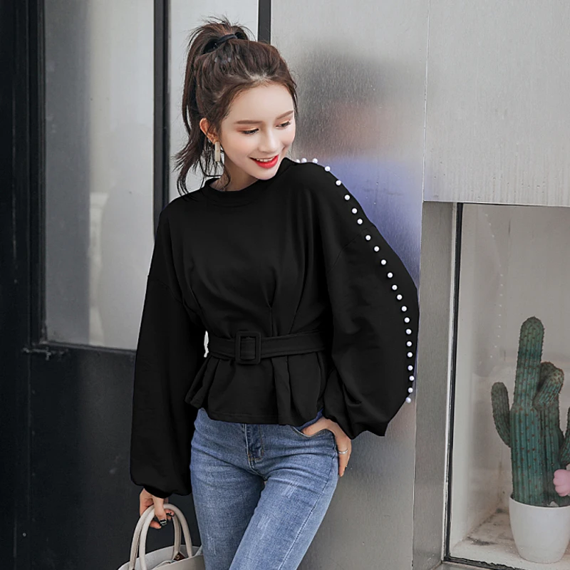 Vintage O-neck Pearl Sexy Blouse Shirt Sashes Lantern Sleeve Slim Waist Women Blouses 2018 Autumn Ruffles Blusas Female |
