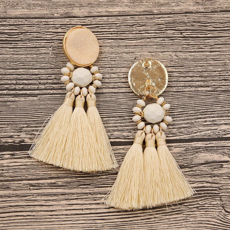 Дизайн, Druzy, полимерные бусины, серьги с кисточками для женщин, ручная работа, бохо, длинные серьги с бахромой и помпоном, модные ювелирные изделия