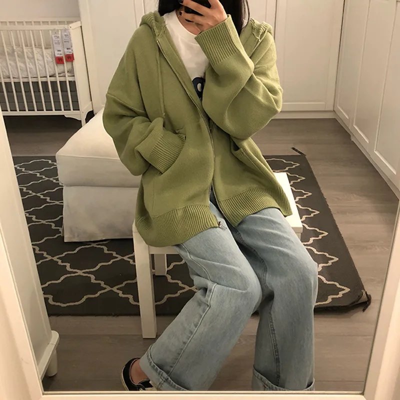 7 colors 2018 autumn and winter korean style loose big pocket zipper sweater knitted thicking cardigans womens (X862) |