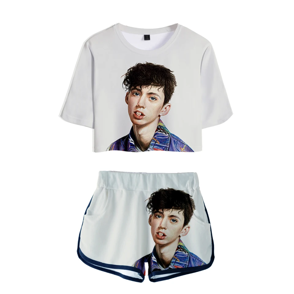 Женский хлопковый костюм с короткими рукавами Troye Sivan футболка пупком + шорты в