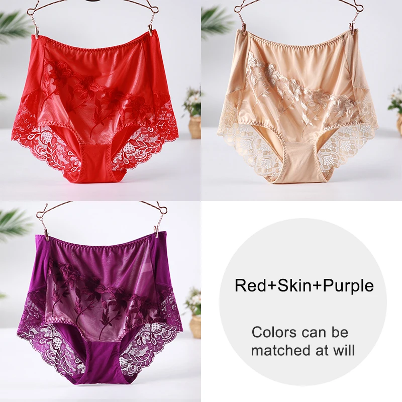 Red-Skin-Purple Большой Размеры хлопковые трусы для Для женщин сексуальное кружевное платье с вышивкой из модифицированного вискозного волокна Высокая талия трусы размера плюс нижнее белье большие Размеры женский Лот - Цвет: Red-Skin-Purple