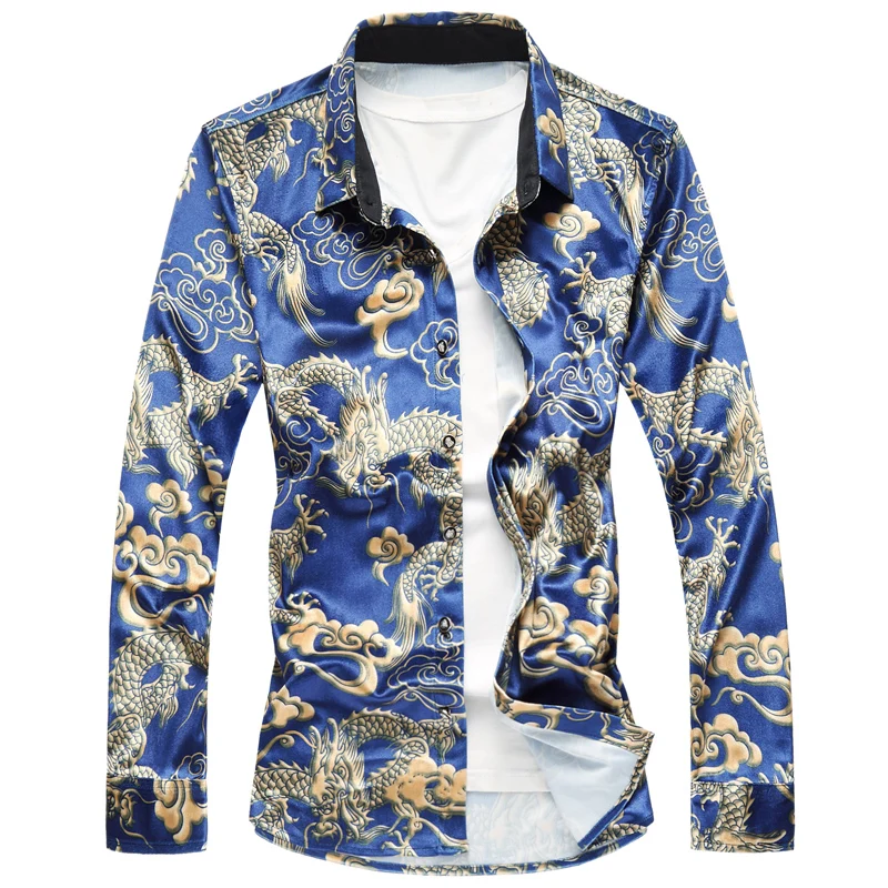 LONMMY 6XL 7XL, плюс размер, рубашка с длинным рукавом, Мужская блузка, велюр, Рисунок дракона, тонкая, повседневная, Мужская одежда, рубашки,, осень, весна
