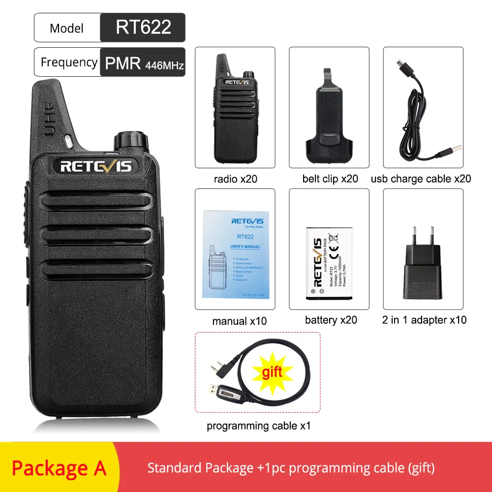 PMR-Package A 20 шт. мини-рация Retevis RT622 RT22 Экстремальный ультра-тонкий UHF VOX PMR446 FRS Ham Радио Hf трансивер двухсторонняя радиостанция - Цвет: PMR-Package A