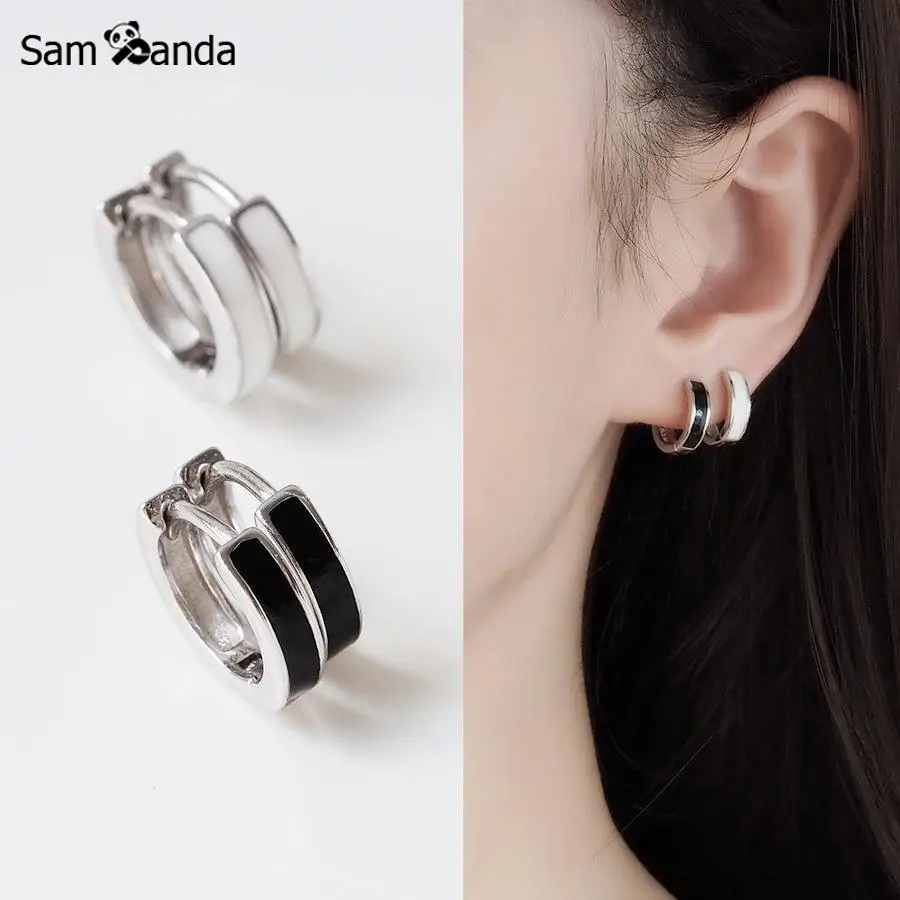 Sampanda Аутентичные 925 пробы серебряные белые черные эмалированные круглые простые серьги для женщин и девушек ювелирные изделия подарок