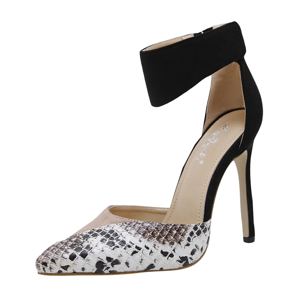 Black SAGACE New Fashion Elegant Women's High Qulity Flock Shoes Snake-Print High-Heeled Pointed Toe Sandals Zapatos Summer J14 - Цвет: Black