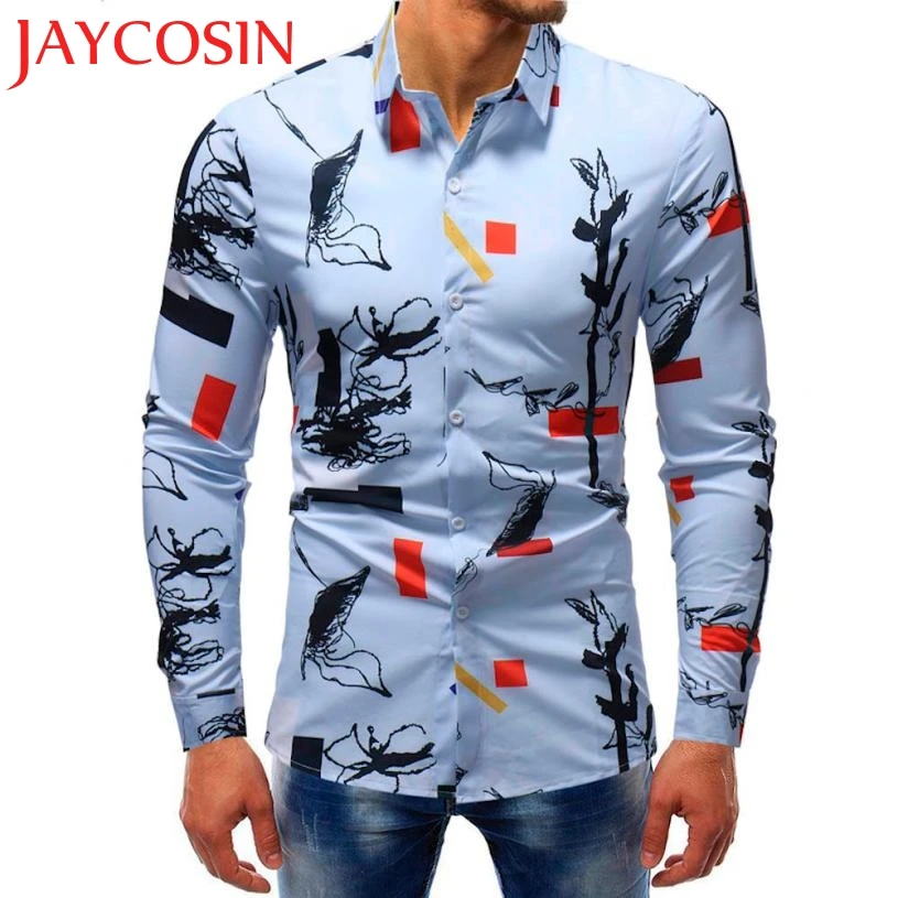 JAYCOSIN 2018 Мужская модная блузка с принтом Повседневная тонкая рубашка длинными
