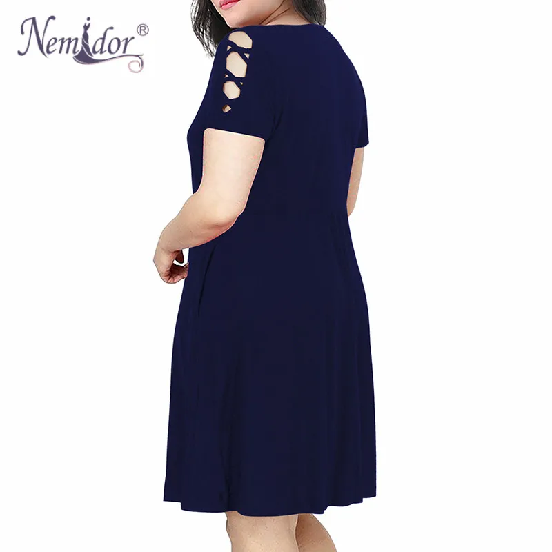 Nemidor Women Casual O-neck Short Sleeve Stripe Print A-line Dress Plus Size 7XL 8XL 9XL Swing Fit and Flare Dress With Pockets