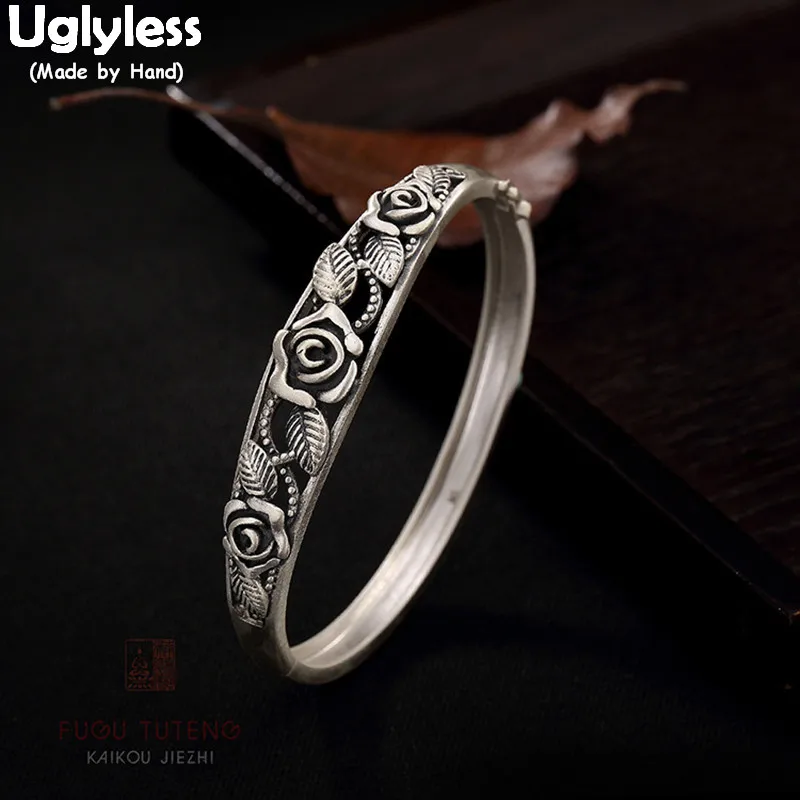

Uglyless Real S 999 Изящные серебряные браслеты для женщин винтажный полый розовый браслет романтическое цветочное ювелирное изделие ручной работ...