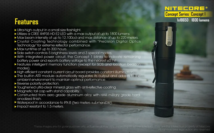 NITECORE Magnetic Tailcap C1 Lighting Lantern Concept1 1800Lumen CREE XHP35 HD E2 LED High Power Flashlight Without Battery