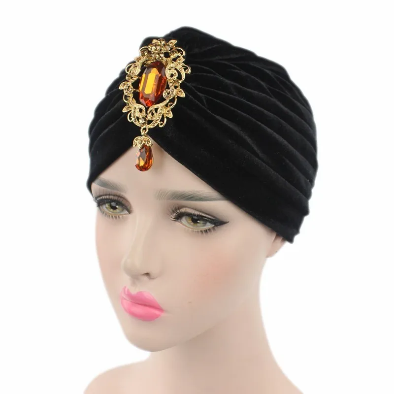 New gorgeous soft Velvet turban velour Hair cover headwrap Hijab Hat with gold color jewelry pendant #YS323 | Тематическая одежда