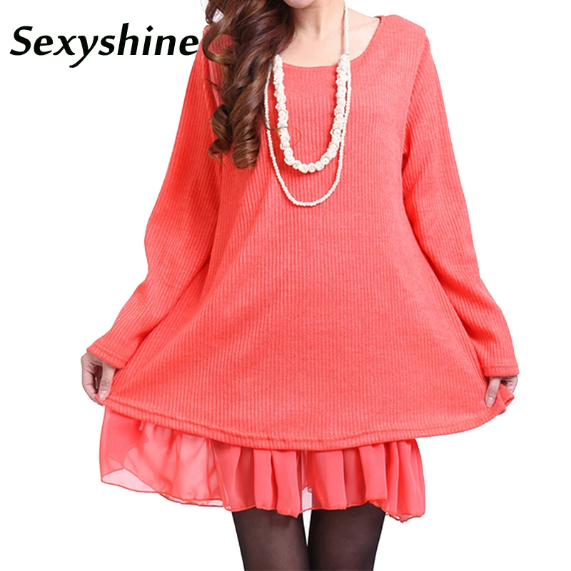 

2017 new fashion Loose dress autumn spring chiffon stitching causal cotton blended plus size wine red black mini dress women