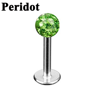 Peridot 1 шт. хирургическая сталь кристалл Лабрет губы шпилька красочные Ferido мяч эпоксидный CZ драгоценный камень шарик уха хряща трагус Шпилька-Сережка для пирсинга 16 г - Окраска металла: Peridot