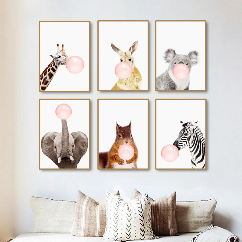 

Modern Pink Balloon Nordic Cartoon Zebra Poster Wall Art Pictures Canvas Painting Warm Family Home Decor Cute kids RoomDecor