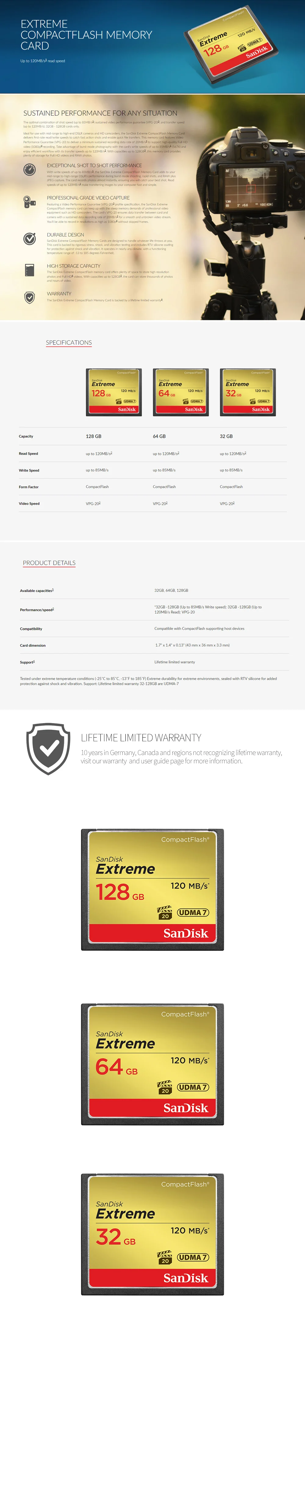 Двойной Флеш-накопитель SanDisk cfxsb Extreme CompactFlash 32 GB 64 GB 128 GB карта CF 800X VPG-20 120 МБ/с. для богатых 4 K и Full HD видео SDCFXS для Камера