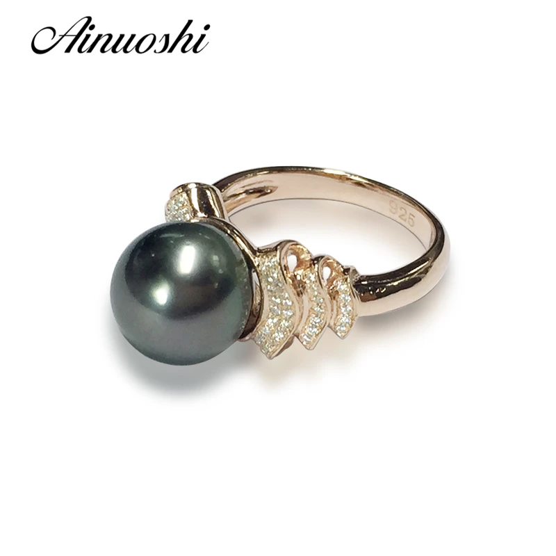 AINUOSHI, 925 пробы, серебряное, желтое, золотое, Женское Обручальное кольцо, черный культивированный жемчуг, Таити, 10 мм, жемчуг, юбилей, кольца для влюбленных
