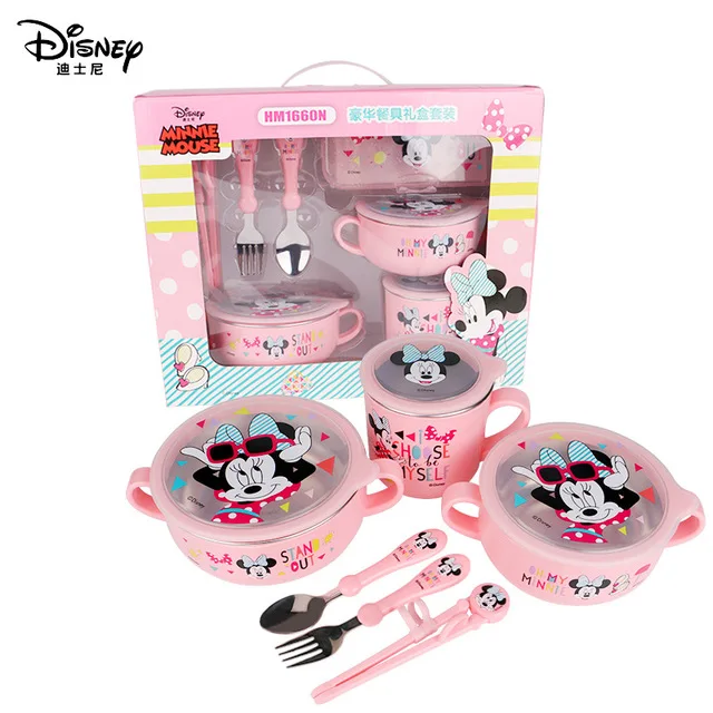 Minnie pink Детский набор посуды disney из 6 предметов, чаша для кормления детей, Микки, Минни, чашка для молока, палочки для еды, ложки и вилки - Цвет: Minnie pink