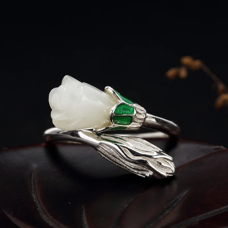 

2018 Hot Sale S925 Pure Silver Inlay Hetian Jade White Jade Ring Ring Of Cloisonne Roses Female High-grade Openings