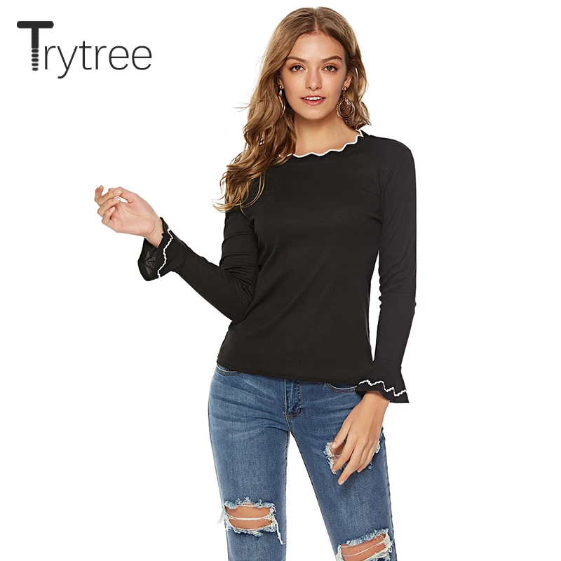 Trytree Осенняя эластичная футболка Повседневная полиэфирная однотонная рукава