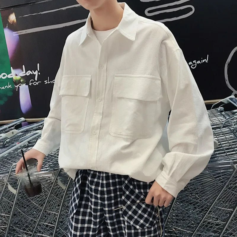 2018 Корейские осенние новые мужские модные рубашки с длинными рукавами карманами
