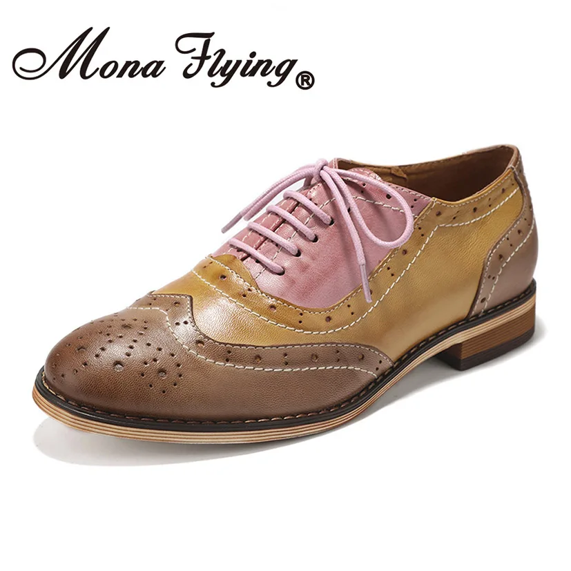 Mona flying/женские кожаные перфорированные Туфли-оксфорды на шнуровке; Разноцветные броги; седельная обувь для девочек; женские CS-A068 - Цвет: Coffee-brown-purple