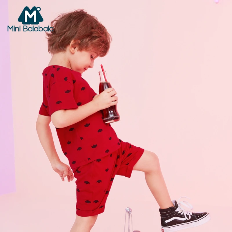 BalabalaBaby/комплекты с короткими рукавами для мальчиков Новинка года, летняя детская хлопковая Футболка с принтом «три глаза монстра»+ шорты детская одежда