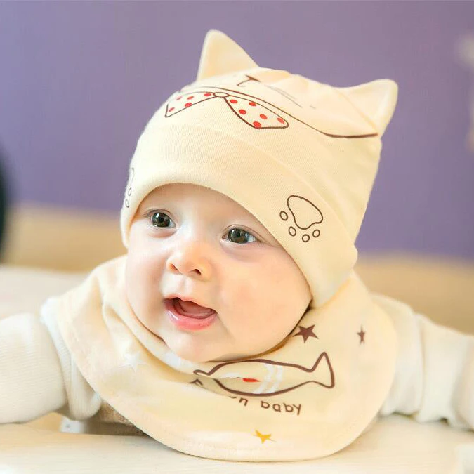 Beige Set HPBBKD шапка для новорожденного ребенка набор 2 шт./лот детские шапки Хлопок Детские шапочки детская шапка Девочки Мальчики нагрудник Детский шарф Детский набор из шапки и шарфа GH615 - Цвет: Beige Set