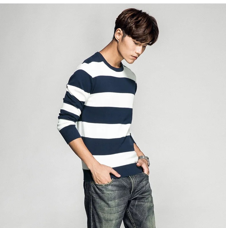 O-Neck Men Knitted Pullover Woolen Sweater Korean Style Mens Long Sleeve Striped Designer | Мужская одежда