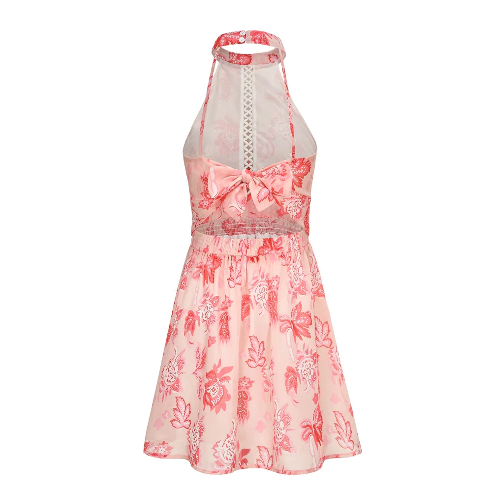 

Summer Women Dresses Bohemian Floral Print Halter Dress High Waist Sexy Pink Dress Elegant Backless Bow Chiffon Mini Dress