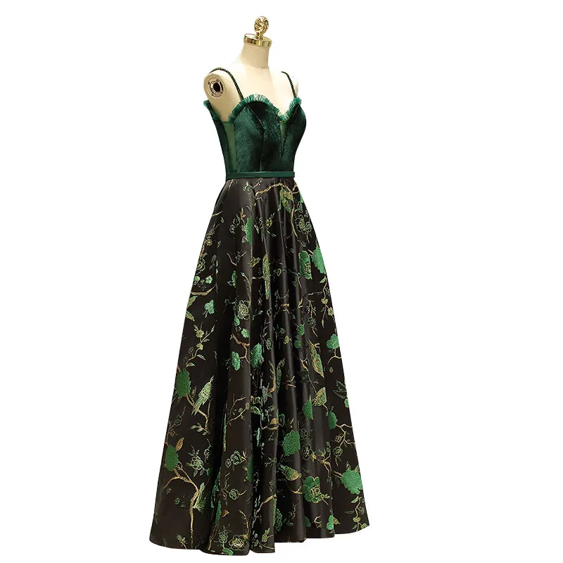 

Green Velvet and Embroidery Taffeta Spaghetti Straps Tassel Floor Length Party Gown Vestido de noche Robe de soiree Embroidery