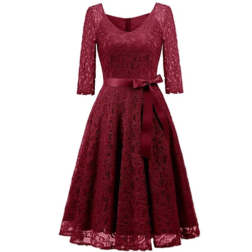 wine red Осень, кружевное бежевое платье, модное, тонкое, сексуальное, открытое, для вечеринки, для работы, винтажное платье, женское, с бантом, с поясом, Vestidos, черное - Цвет: wine red