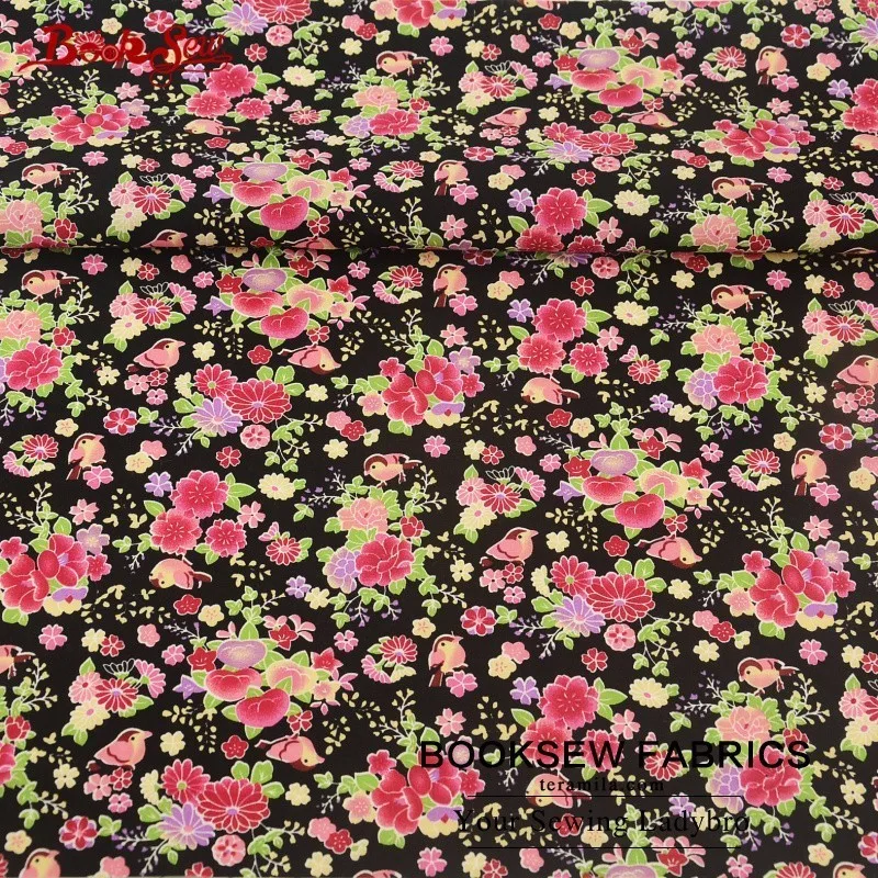 Booksew 100% хлопок поплин Ткань мягкие Вышивание черный Жир Квартал цветок и птица