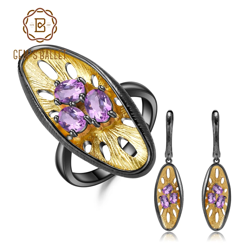 GEM'S BALLET 2.55Ct натуральный аметистовый драгоченный камень ручной работы ювелирные изделия с лимонами Набор 925 пробы Серебряное кольцо серьги набор украшений для женщин