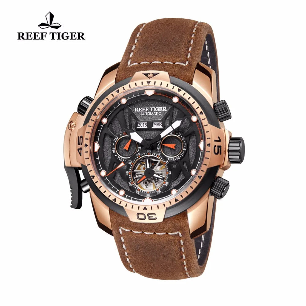 Спортивные часы Reef Tiger/RT Gent со сложным циферблатом многофункциональные автоматические часы с коричневым ремешком из телячьей кожи RGA3532