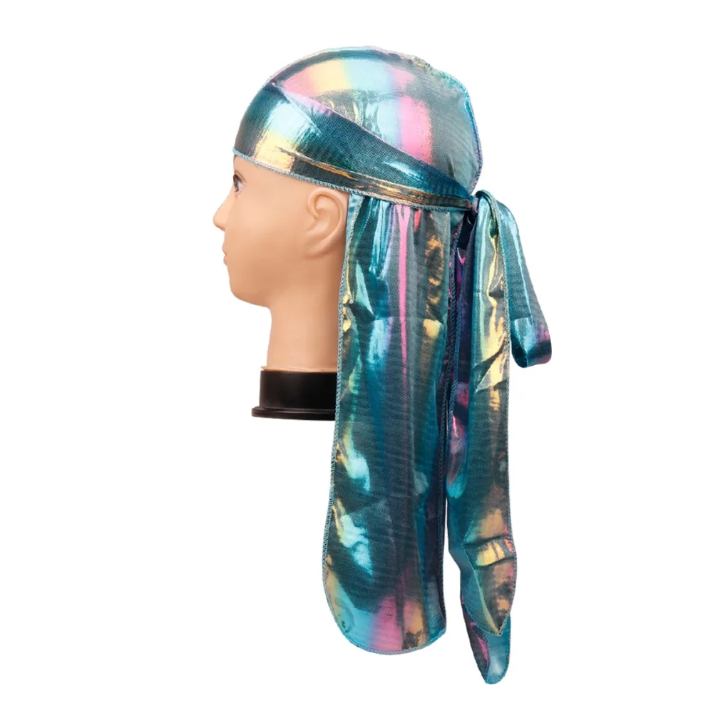 

Unisex Colorful Laser Silky Wigs Hip Hop Doo Rag Headwrap Turban Pirate Hat All-Match Long Tail Hair Accessories For Women Lady