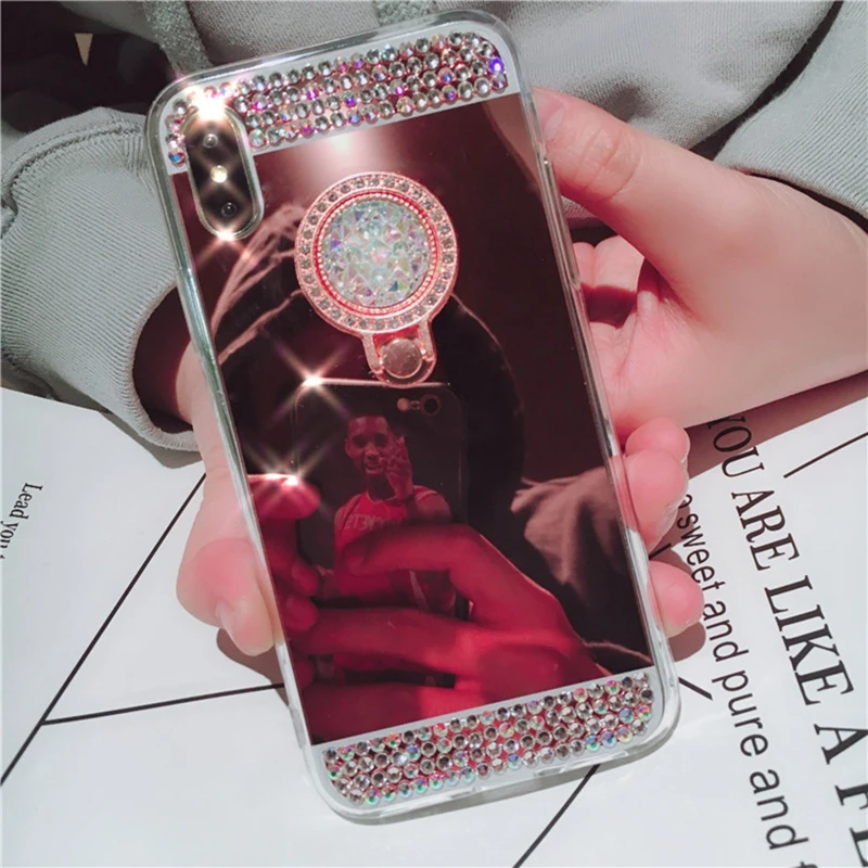 Блестящий зеркальный чехол со стразами для iphone 7 8 plus X 10 360 подставка с кольцом iPhone
