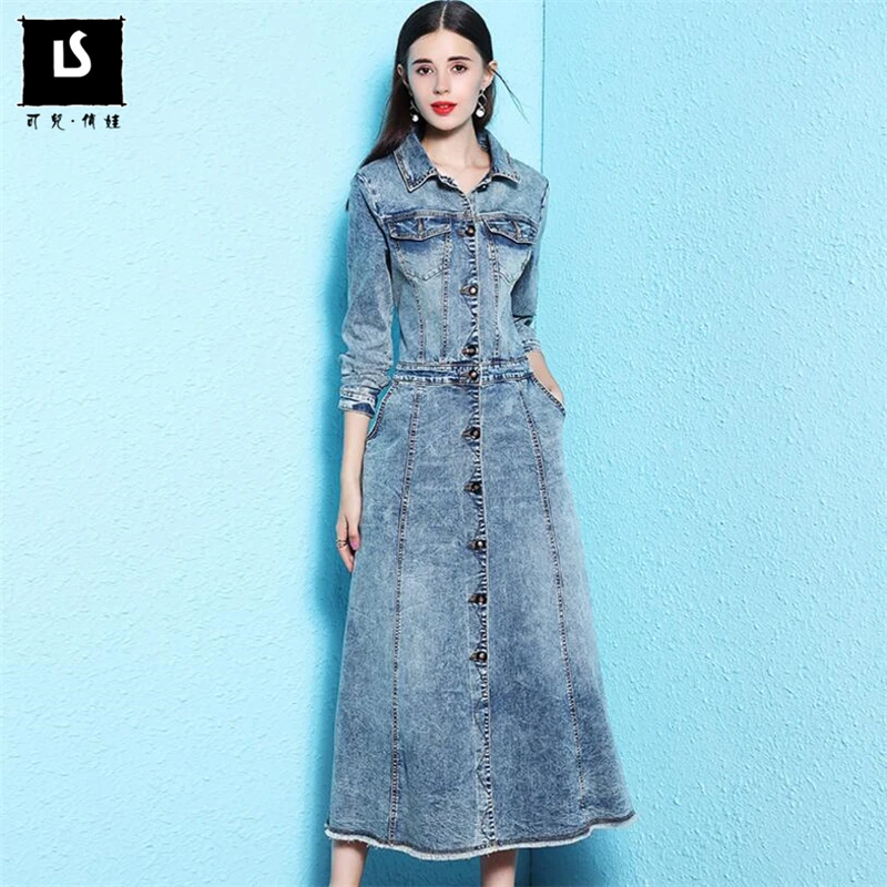 

Women Autumn Winter Dress Plus Size denim Dresses Femme Lady Elegant Vintage Vestidos Long sleeve High quality Cool Long Dresses