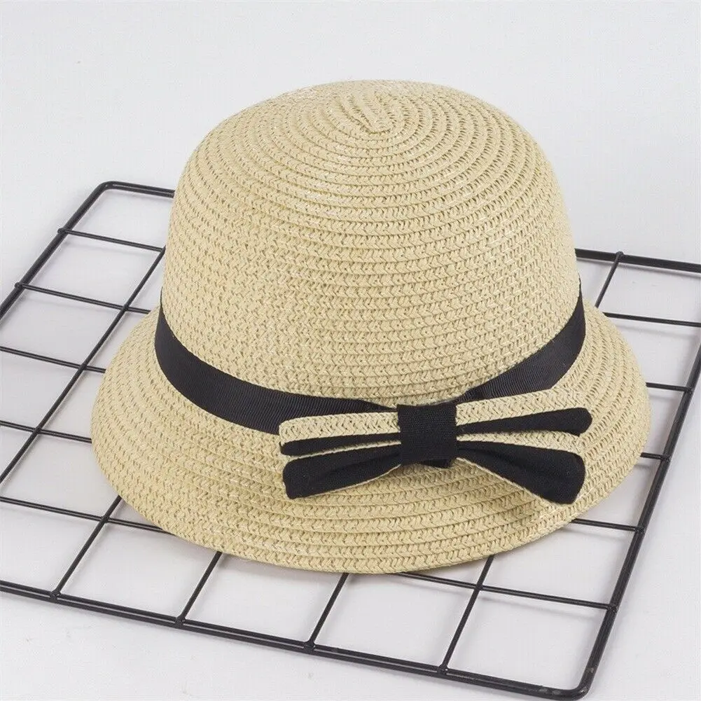Cute Child Girls Straw hat Bowknot Sun Hat Kids Large Brim Beach Summer Boater Ribbon Round Flat Top fedora | Аксессуары для