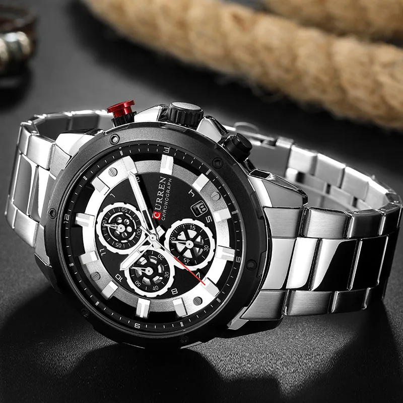 silver black CURREN синие мужские часы с металлическим ремешком, мужские часы с хронографом, люксовый бренд, нержавеющая сталь, кварцевые мужские часы, военные - Цвет: silver black