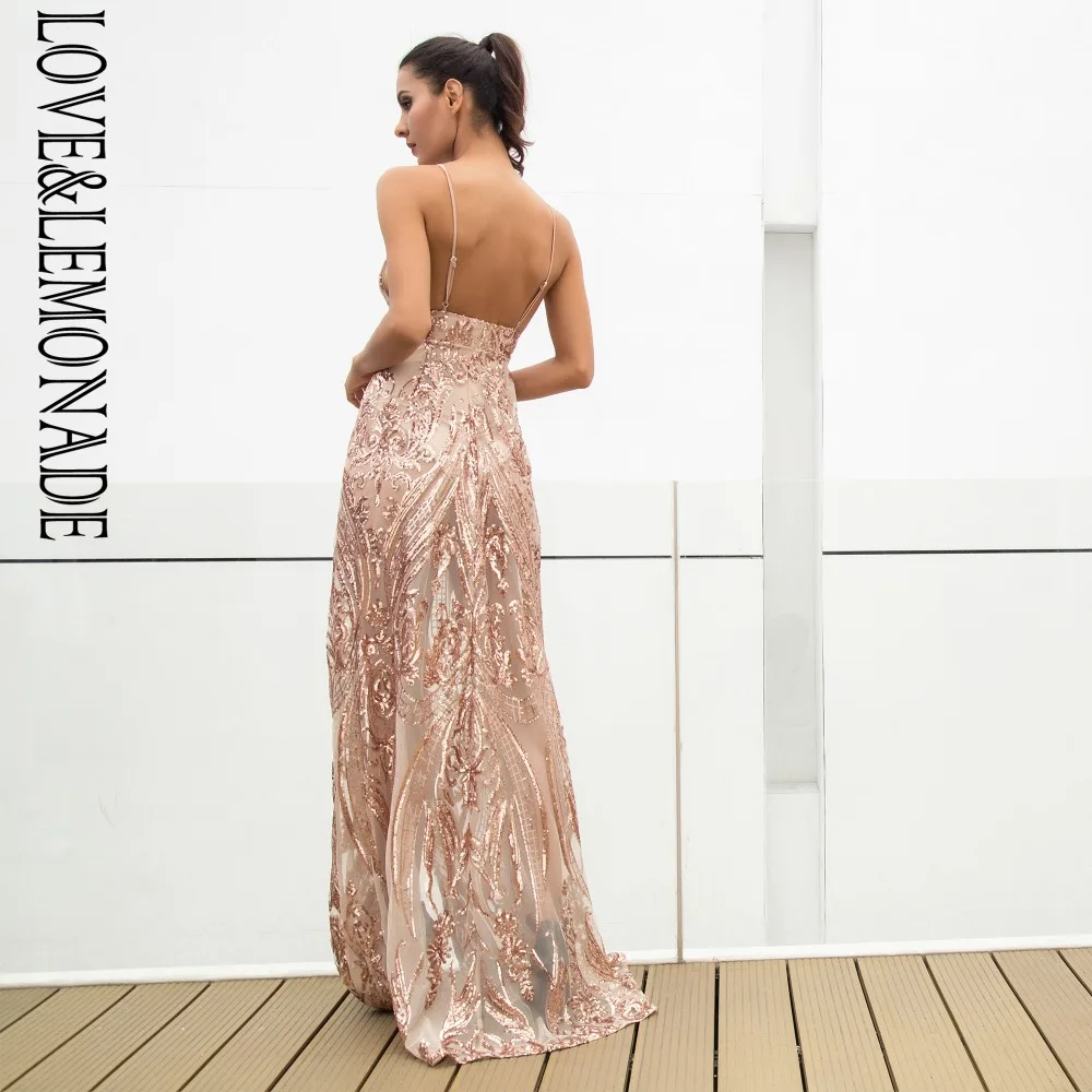 Женское платье с блестками LOVE & LEMONADE золотистое длинное глубоким V образным