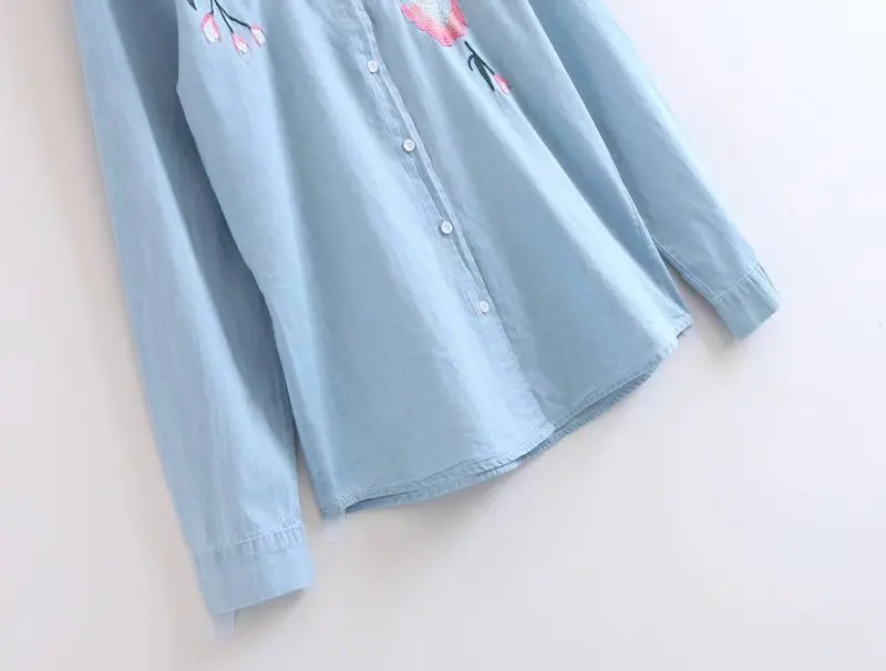 Винтаж цветочный Вышивка синие джинсы блузка рубашка Для женщин 2017 Новая мода