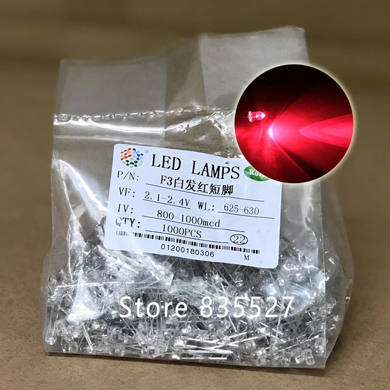 1000PCS/LOT F3 3MM Round Transparent Shell Red LED Light-emitting Diodes Water Clear For DIY Light lamp beads DIP | Освещение