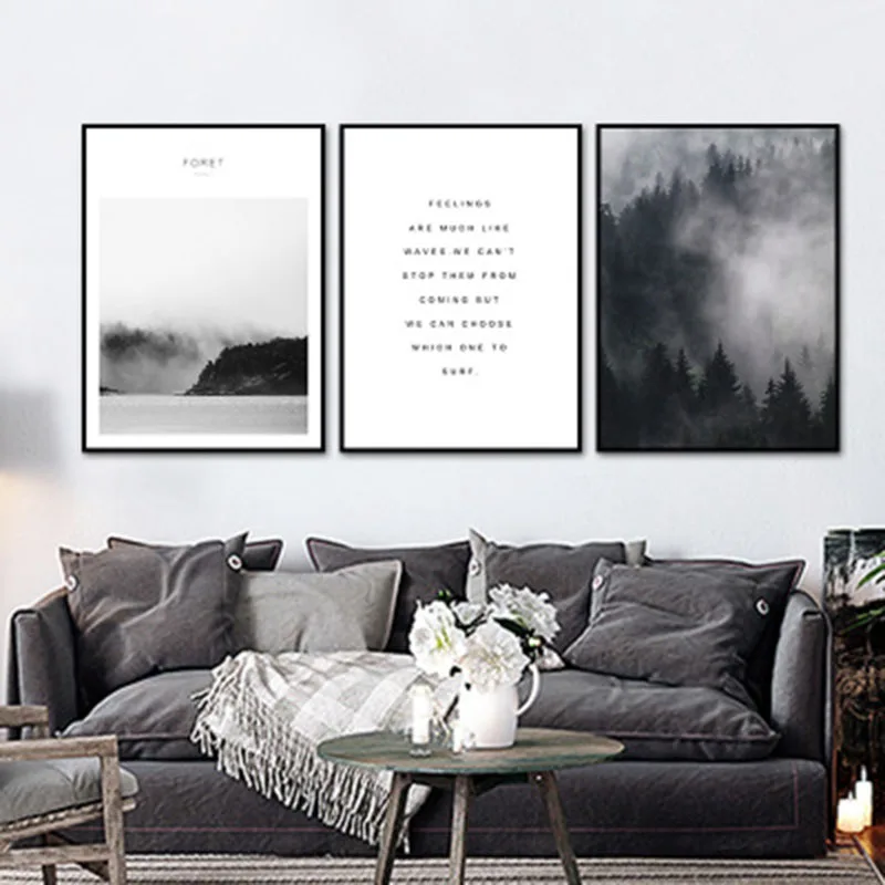Fog Black White Gray Forest Letter Simple Style Nordic Modern Artistic Beauty Art Picture Canvas Posters for Home Decoration | Дом и сад