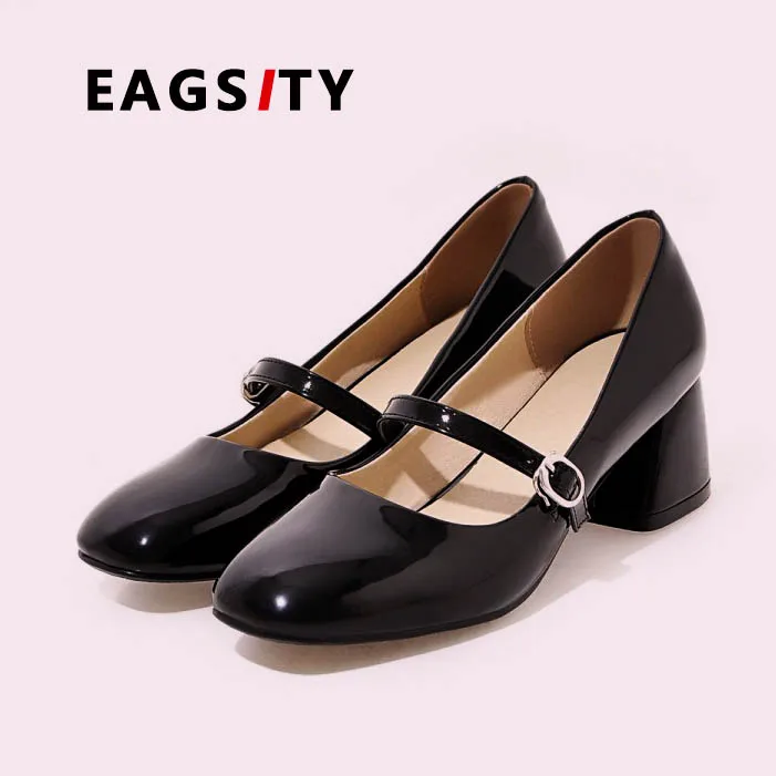EAGSITY женская обувь Mary Jane из лакированной кожи Женские туфли на квадратном каблуке